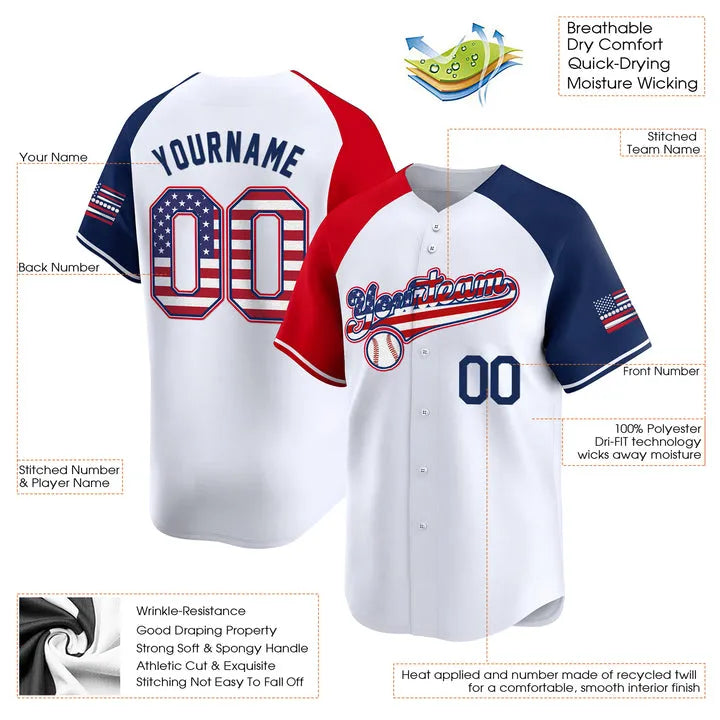 CUSTOM WHITE ALTERNATE RED-ROYAL AMERICA FLAG BASEBALL JERSEY - EMBROIDERED