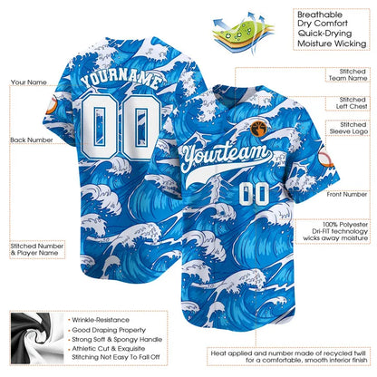 CUSTOM BLUE WHITE WAVES BASEBALL JERSEY - PRINTED