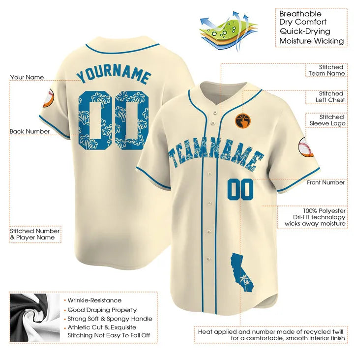 CUSTOM CREAM BLUE PALM TREES CALIFORNIA MAP BASEBALL JERSEY - EMBROIDERED