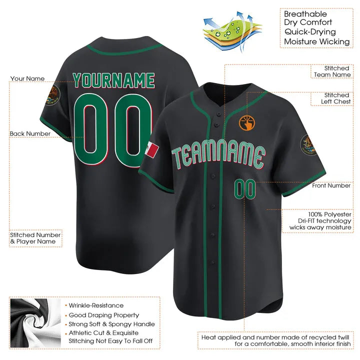 CUSTOM BLACK GREEN MEXICO BASEBALL JERSEY - EMBROIDERED