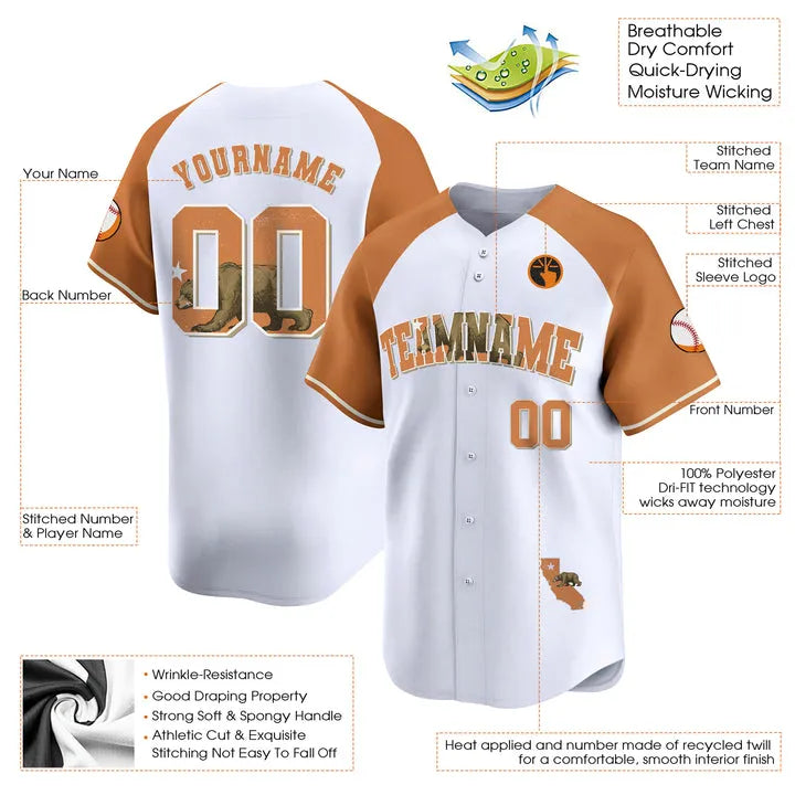 CUSTOM WHITE ALTERNATE ORANGE CALIFORNIA MAP BASEBALL JERSEY - EMBROIDERED