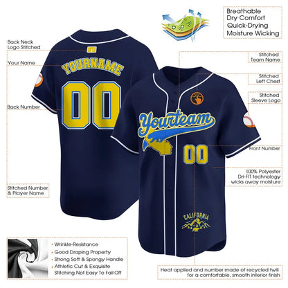 CUSTOM NAVY YELLOW CALIFORNIA MOUNTAIN BASEBALL JERSEY - EMBROIDERED