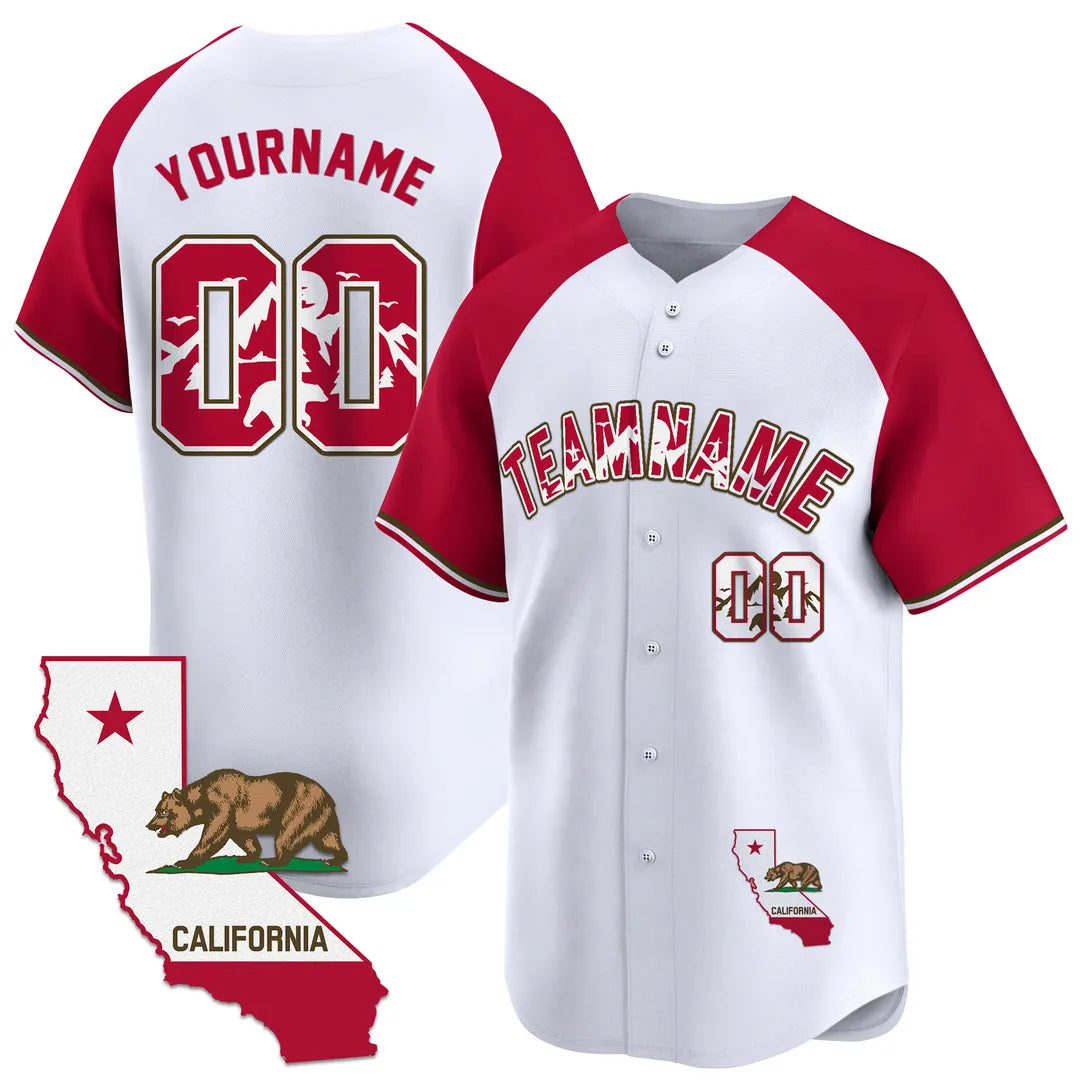 CUSTOM WHITE ALTERNATE RED CALIFORNIA MAP BASEBALL JERSEY - EMBROIDERED