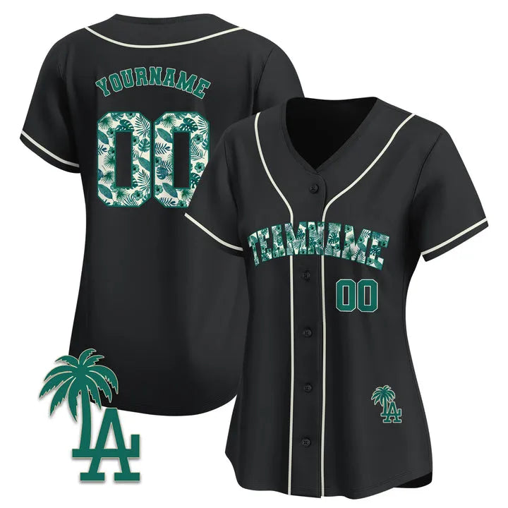 CUSTOM BLACK GREEN TROPICAL FLORAL PATTERN BASEBALL JERSEY - EMBROIDERED