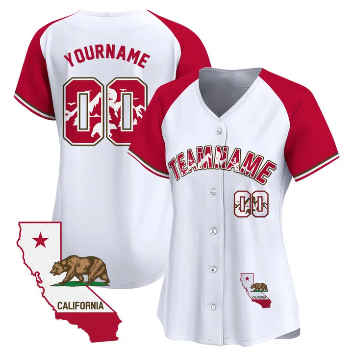 CUSTOM WHITE ALTERNATE RED CALIFORNIA MAP BASEBALL JERSEY - EMBROIDERED