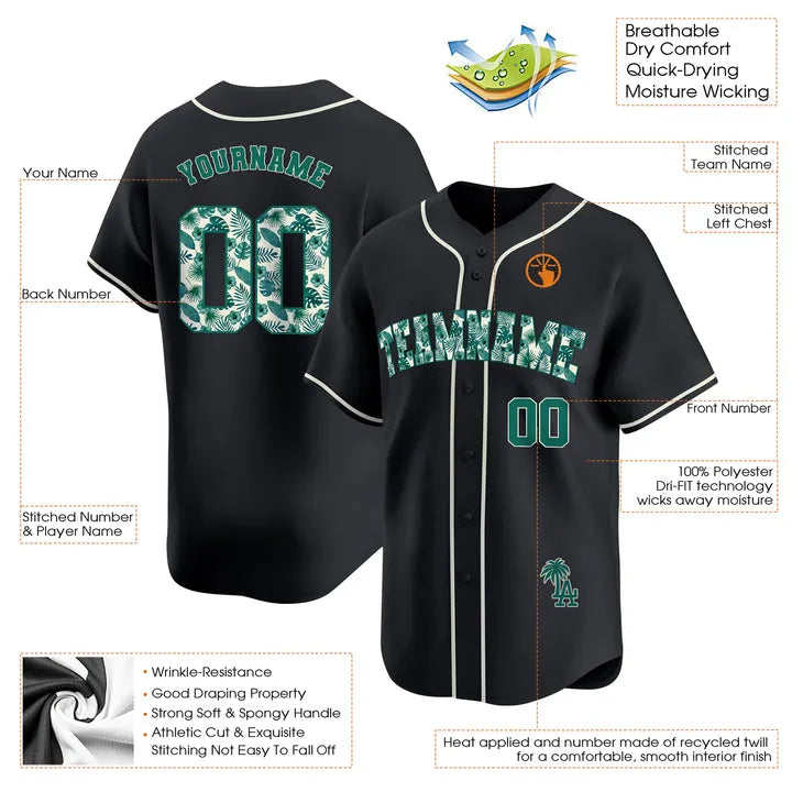 CUSTOM BLACK GREEN TROPICAL FLORAL PATTERN BASEBALL JERSEY - EMBROIDERED