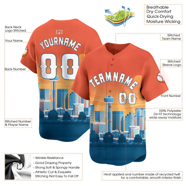 CUSTOM ORANGE 3D DALLAS CITY TEXAS PATTERN BASEBALL JERSEY - PRINTED