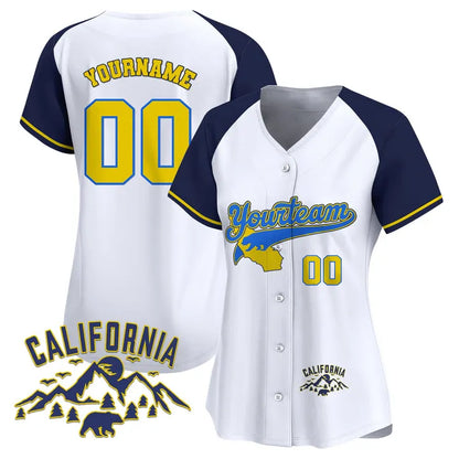 CUSTOM WHITE ALTERNATE BLUE YELLOW CALIFORNIA MOUNTAIN BASEBALL JERSEY - EMBROIDERED