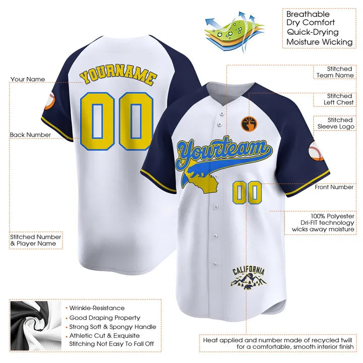 CUSTOM WHITE ALTERNATE BLUE YELLOW CALIFORNIA MOUNTAIN BASEBALL JERSEY - EMBROIDERED