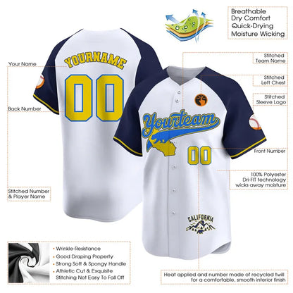 CUSTOM WHITE ALTERNATE BLUE YELLOW CALIFORNIA MOUNTAIN BASEBALL JERSEY - EMBROIDERED