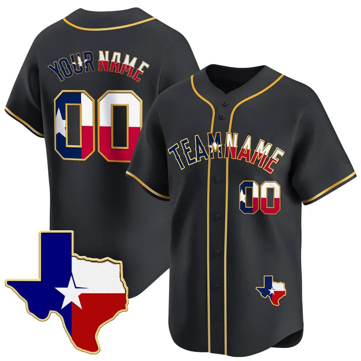 CUSTOM BLACK GOLD TEXAS FLAG BASEBALL JERSEY - EMBROIDERED