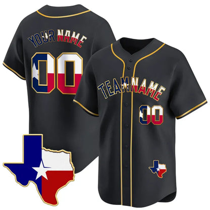 CUSTOM BLACK GOLD TEXAS FLAG BASEBALL JERSEY - EMBROIDERED