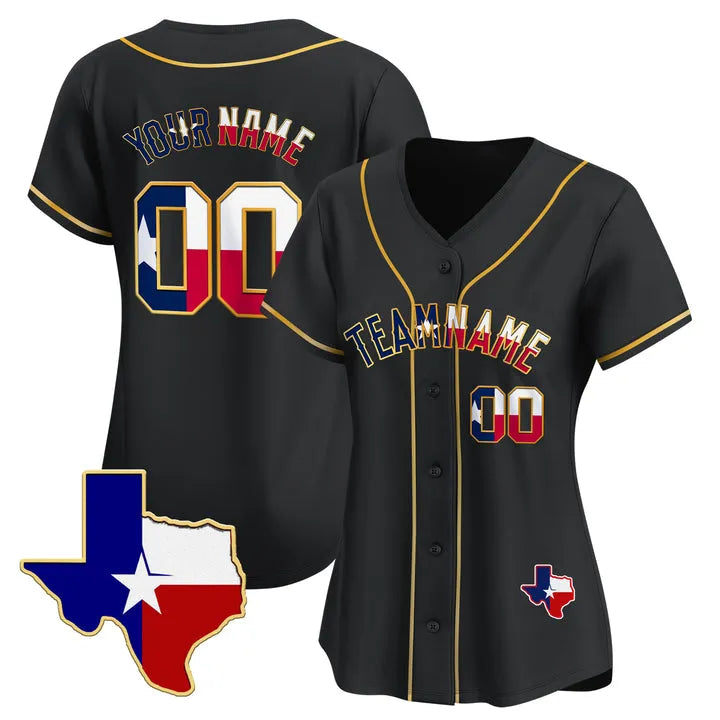 CUSTOM BLACK GOLD TEXAS FLAG BASEBALL JERSEY - EMBROIDERED