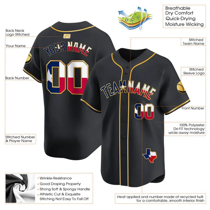 CUSTOM BLACK GOLD TEXAS FLAG BASEBALL JERSEY - EMBROIDERED