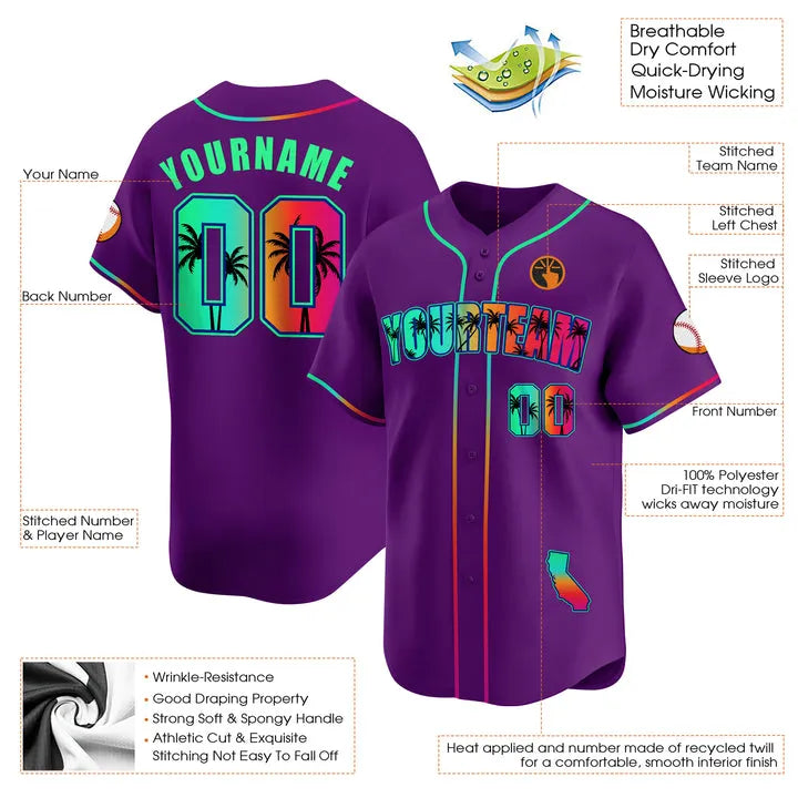 CUSTOM PURPLE GREEN CALIFORNIA BEACH BASEBALL JERSEY - EMBROIDERED