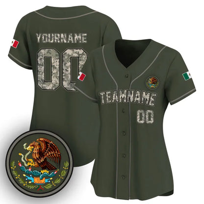 CUSTOM OLIVE GREEN CAMO - BLACK MEXICO BASEBALL JERSEY - EMBROIDERED