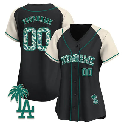 CUSTOM BLACK ALTERNATE GREEN TROPICAL FLORAL PATTERN BASEBALL JERSEY - EMBROIDERED