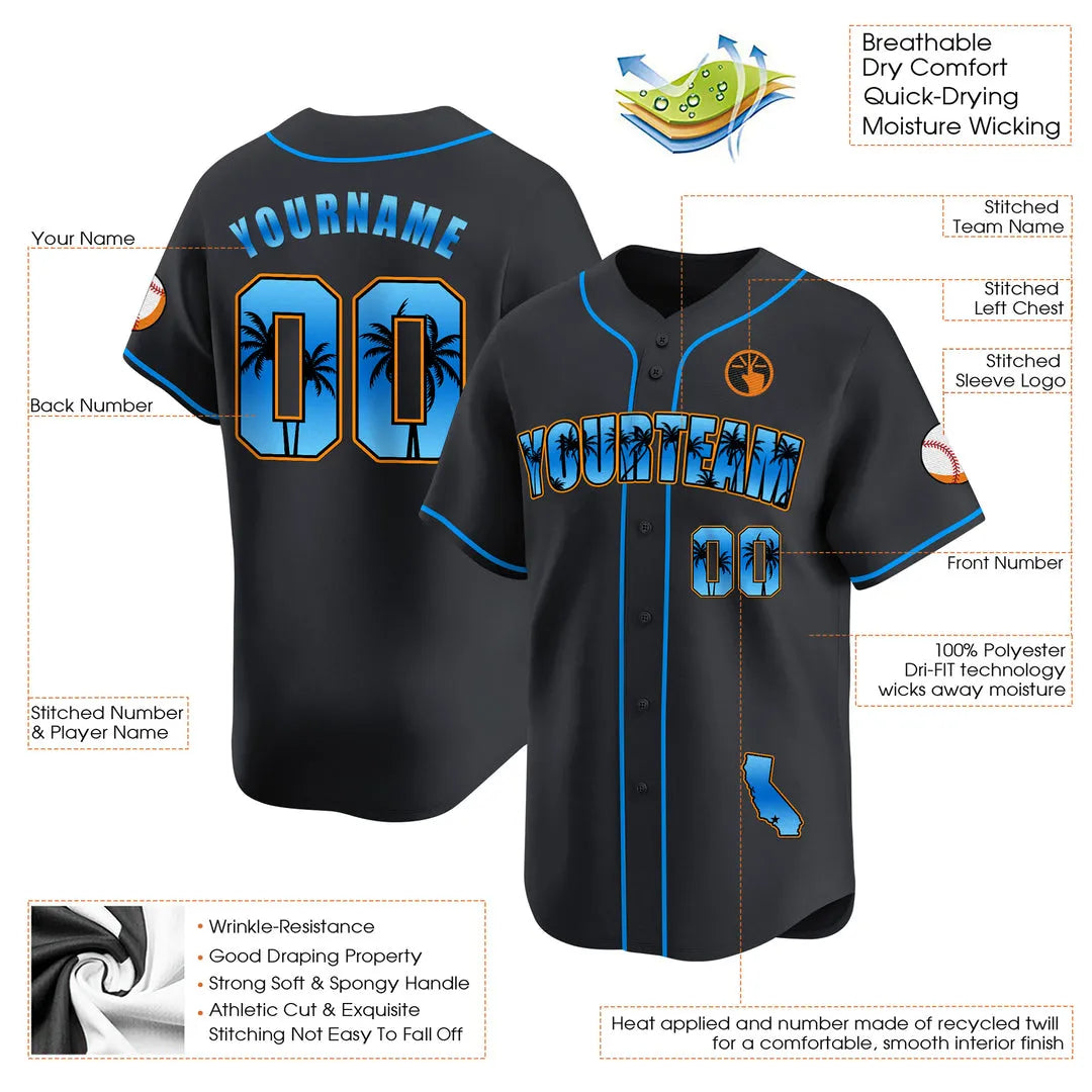 CUSTOM BLACK BLUE CALIFORNIA BEACH BASEBALL JERSEY - EMBROIDERED