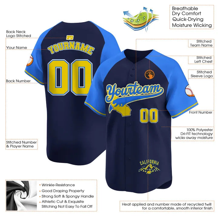 CUSTOM NAVY ALTERNATE BLUE YELLOW CALIFORNIA MOUNTAIN BASEBALL JERSEY - EMBROIDERED