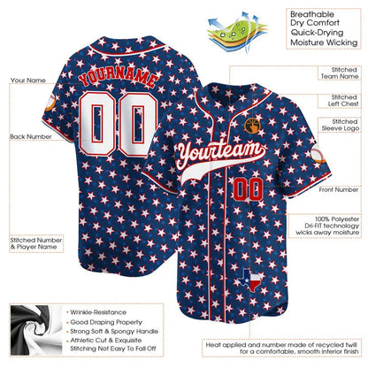 CUSTOM NAVY STAR PATTERN TEXAS MAP BASEBALL JERSEY - PRINTED