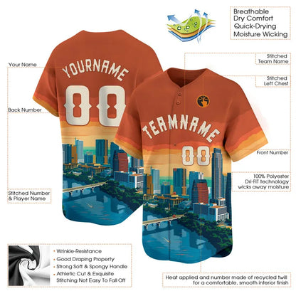 CUSTOM ORANGE 3D AUSTIN CITY TEXAS PATTERN BASEBALL JERSEY - PRINTED