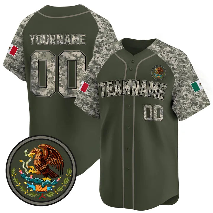 CUSTOM ALTERNATE OLIVE GREEN CAMO - BLACK MEXICO BASEBALL JERSEY - EMBROIDERED