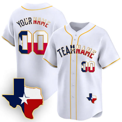 CUSTOM WHITE GOLD TEXAS FLAG BASEBALL JERSEY - EMBROIDERED