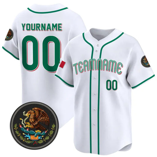 CUSTOM WHITE-GREEN MEXICO BASEBALL JERSEY - EMBROIDERED