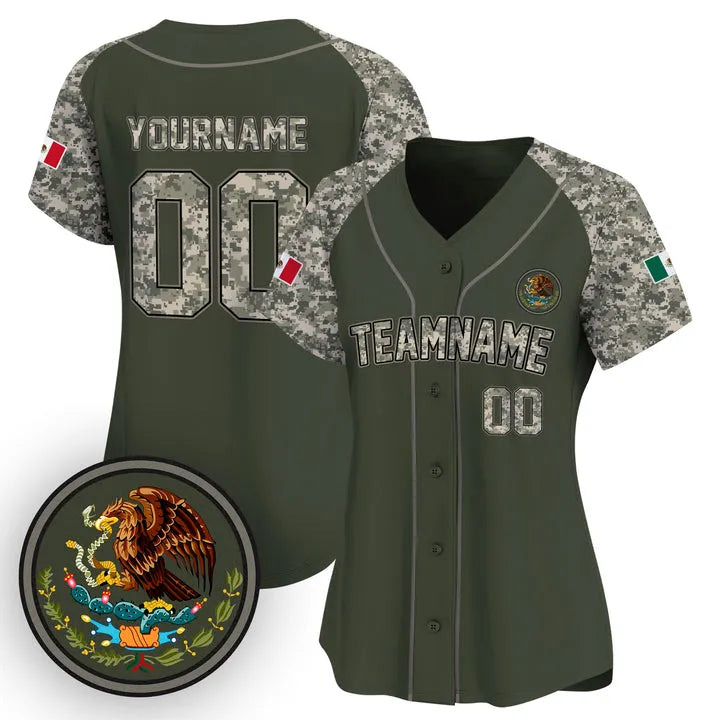 CUSTOM ALTERNATE OLIVE GREEN CAMO - BLACK MEXICO BASEBALL JERSEY - EMBROIDERED