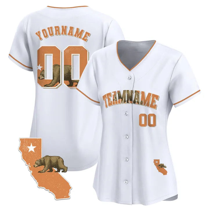 CUSTOM WHITE ORANGE CALIFORNIA MAP BASEBALL JERSEY - EMBROIDERED