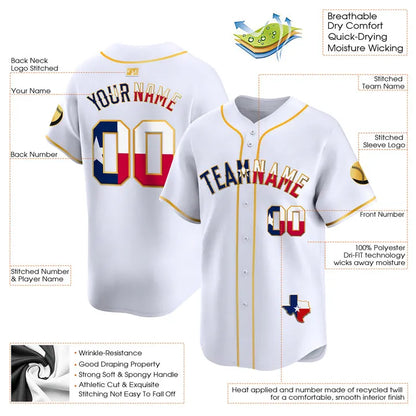 CUSTOM WHITE GOLD TEXAS FLAG BASEBALL JERSEY - EMBROIDERED