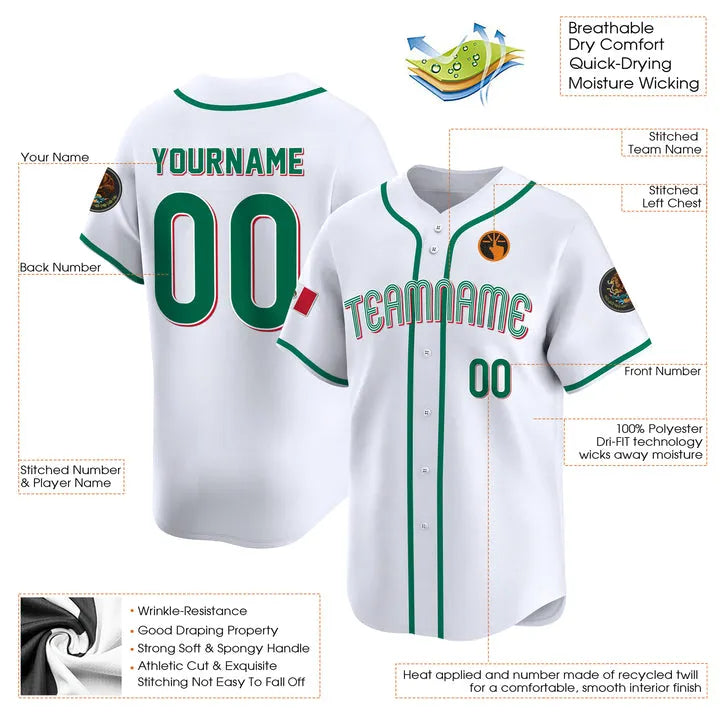 CUSTOM WHITE-GREEN MEXICO BASEBALL JERSEY - EMBROIDERED