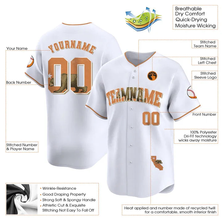 CUSTOM WHITE ORANGE CALIFORNIA MAP BASEBALL JERSEY - EMBROIDERED