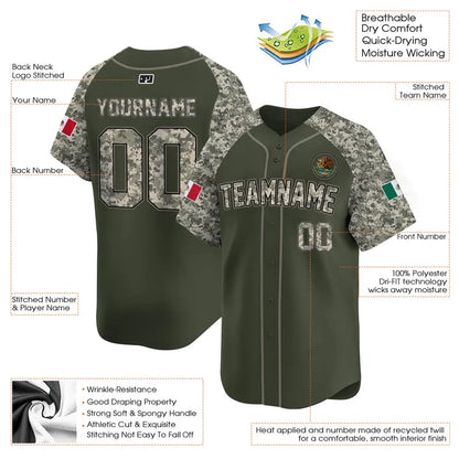 CUSTOM ALTERNATE OLIVE GREEN CAMO - BLACK MEXICO BASEBALL JERSEY - EMBROIDERED