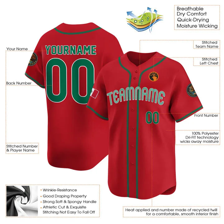 CUSTOM RED GREEN MEXICO BASEBALL JERSEY - EMBROIDERED