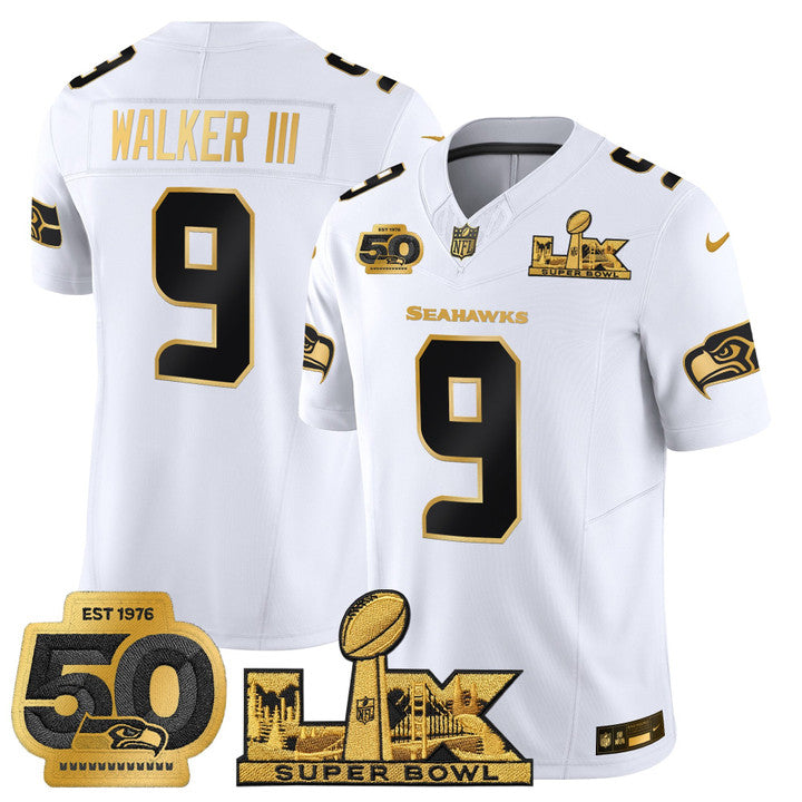 SEA "Super Bowl LX & 50th Patch" Gold Vapor Jersey - Stitched